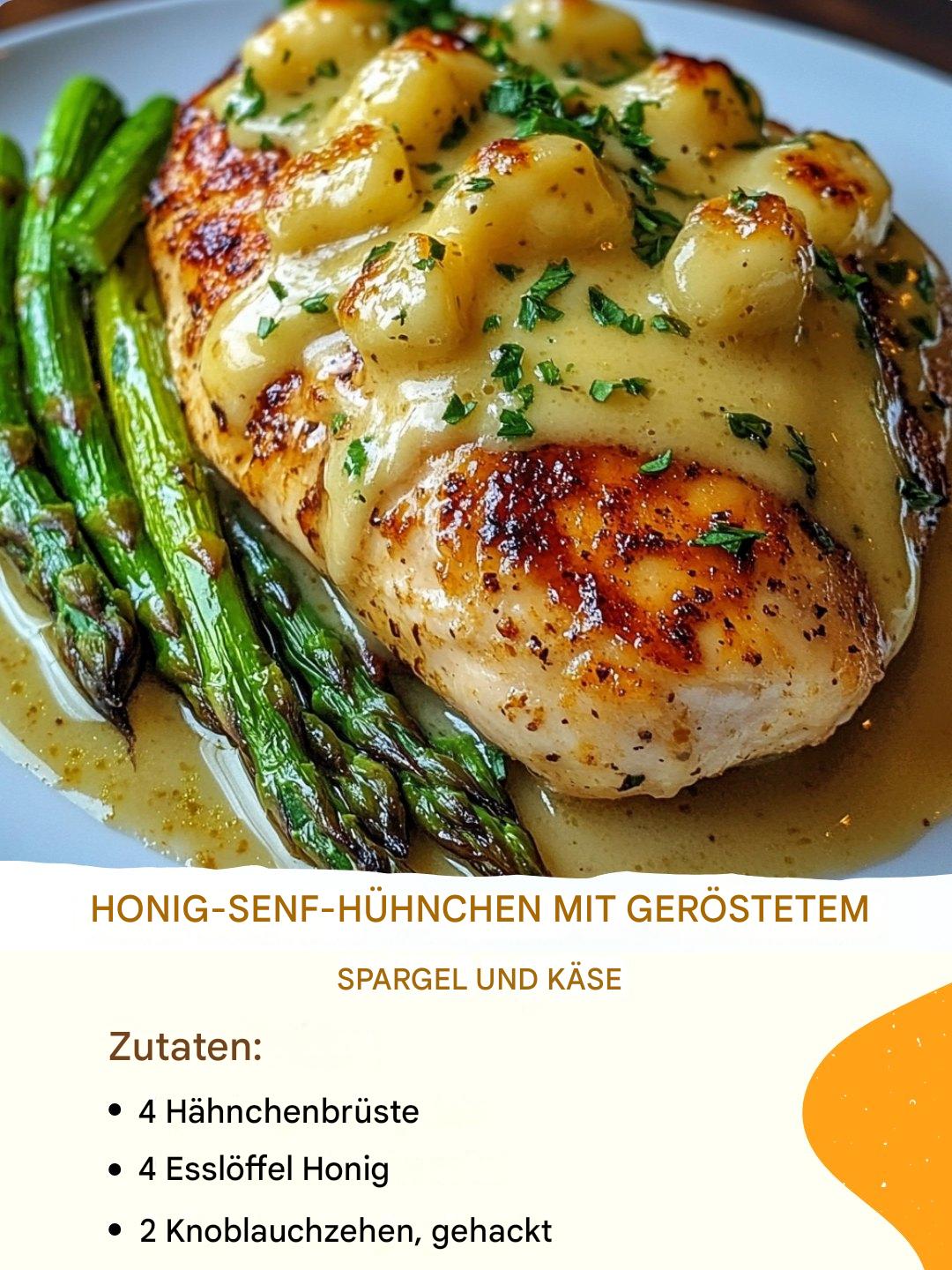 Honig-Senf-Hähnchen mit gebratenem Spargel und Käse